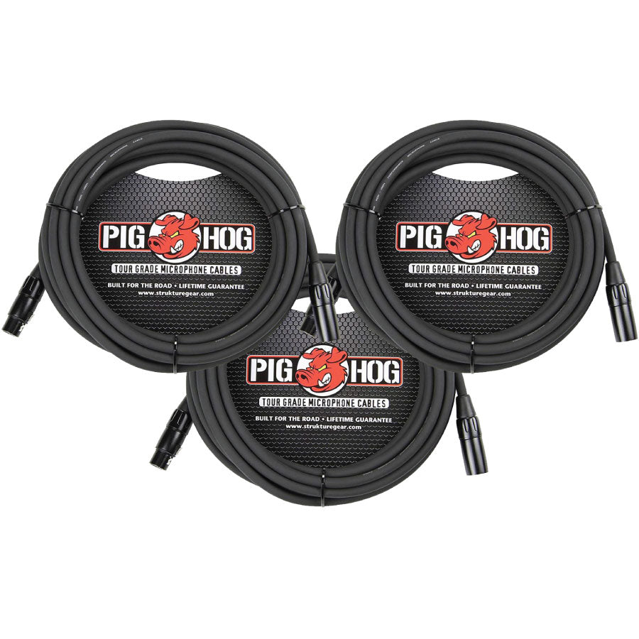 3 - Pack Pig Hog PHM25 XLR High Performance 8mm Microphone Black Cable, 25 Ft - NEW