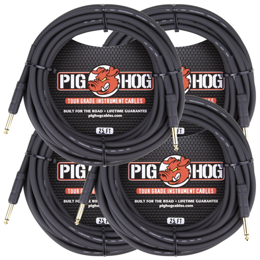 4 Pack Pig Hog Black 25ft 1/4" Guitar Instrument Cable Mono Patch Cord PH25 - NEW