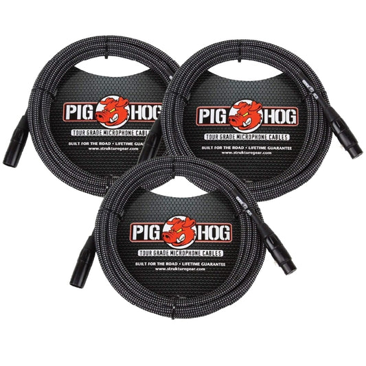 New - 3 Pack Pig Hog PHM30BKW BLACK & WHITE WOVEN MIC CABLE, 30FT XLR