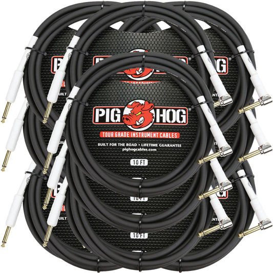 10 Pack Pig Hog PH10R Tour Grade 1/4" TS Straight to Right Angle Instrument Cable - 10'