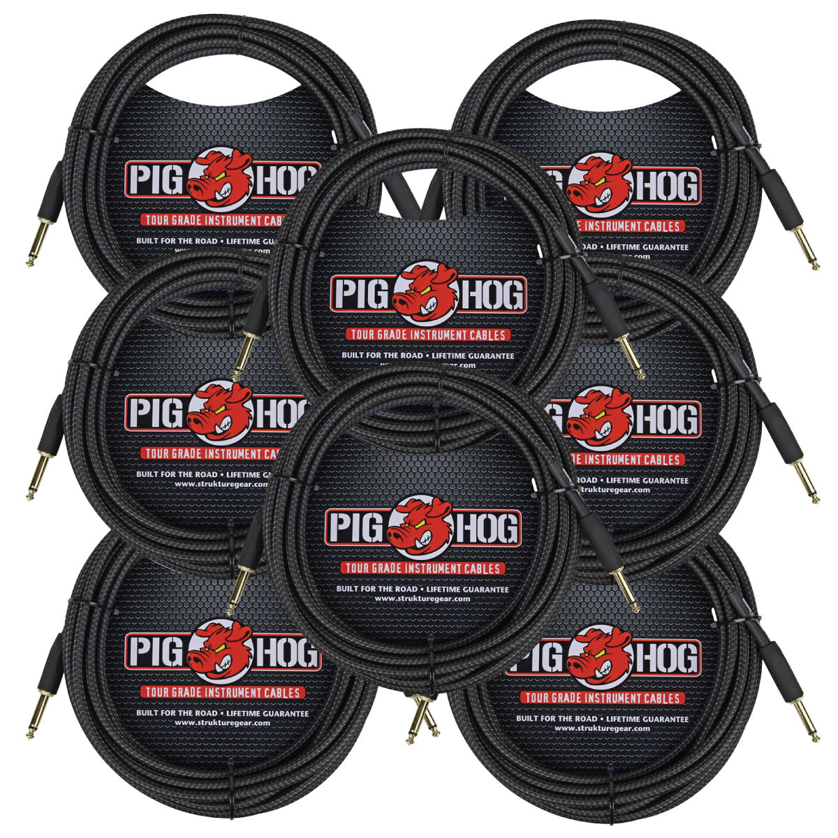 8 Pack Pig Hog PCH20BK Woven Black Vintage Series Instrument Cable, 20 Ft - New