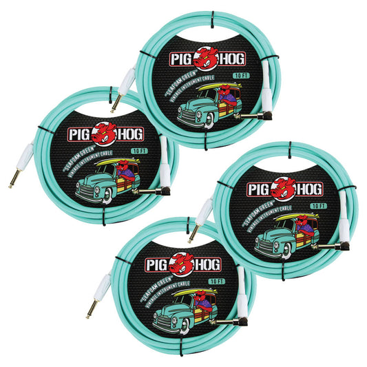 4 Pack Pig Hog PCH10SGR 1/4" Straight 1/4" Right-Angle Seafoam Green Instrument Cable - NEW