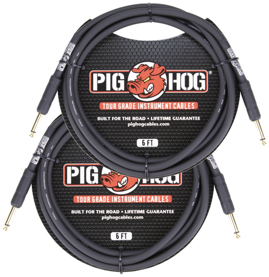 New - 2 pack Pig Hog PH6 8mm 1/4 Straight Instrument Guitar Cord 6 Feet Patch Cable Black