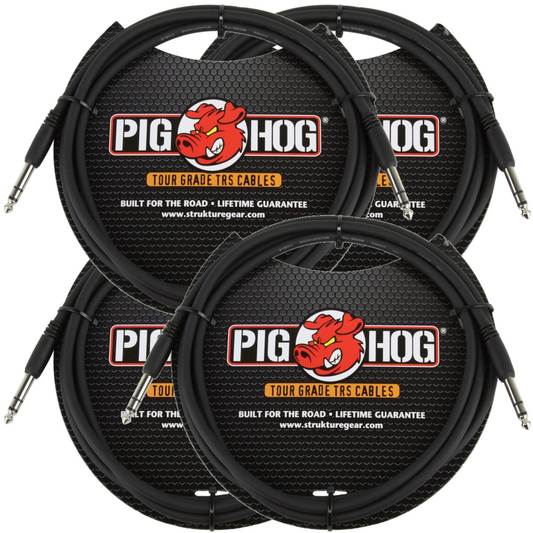 4 Pack Pig Hog PTRS06 Balanced Stereo Instrument Cable 6FT 1/4" TRS - 1/4" Plug 8mm