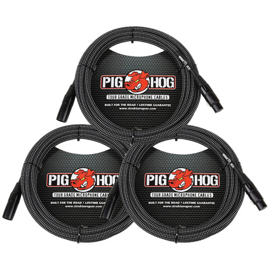 3 Pack Pig Hog PHM20BKW XLR High Performance B&W Microphone Cable, 20 Ft - New