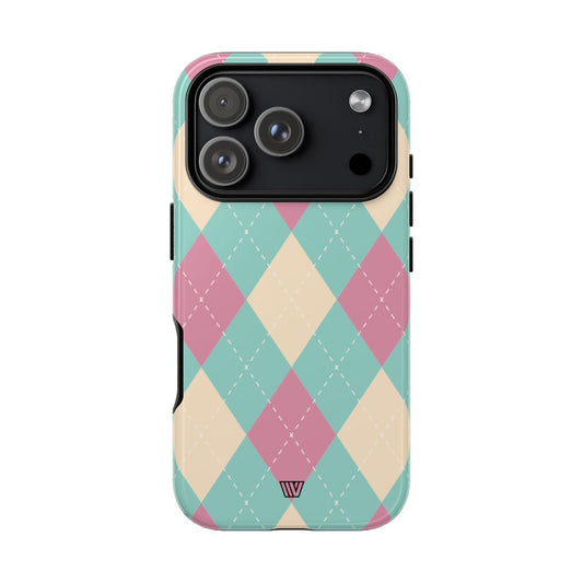 Tough Phone Case Blue Pink Beige Argyle Pattern