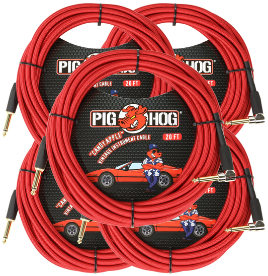 5 Pack Pig Hog 20ft 1/4 Candy Apple Red Guitar Ins Cable Cord Right-Angle PCH20CAR