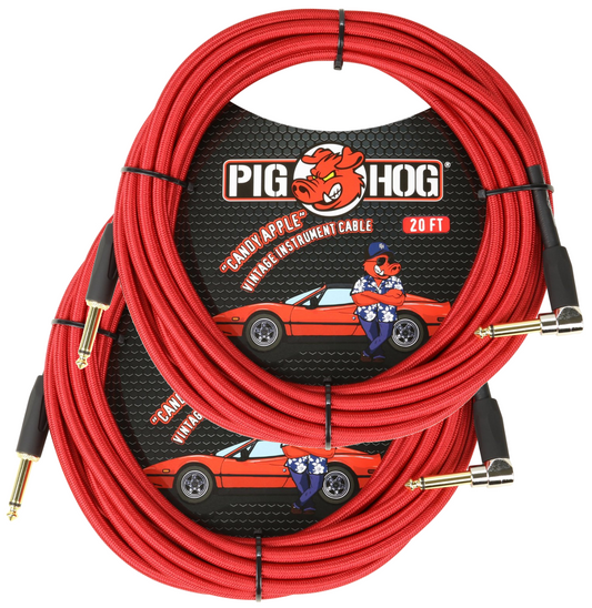 2 Pack Pig Hog 20ft 1/4 Candy Apple Red Guitar Ins Cable Cord Right-Angle PCH20CAR