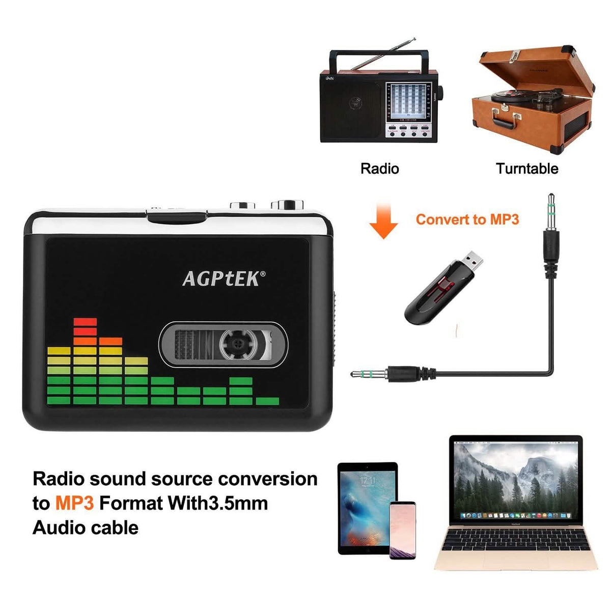 Portable Cassette Audio Tape-To-MP3 Converter Cassette Recorder