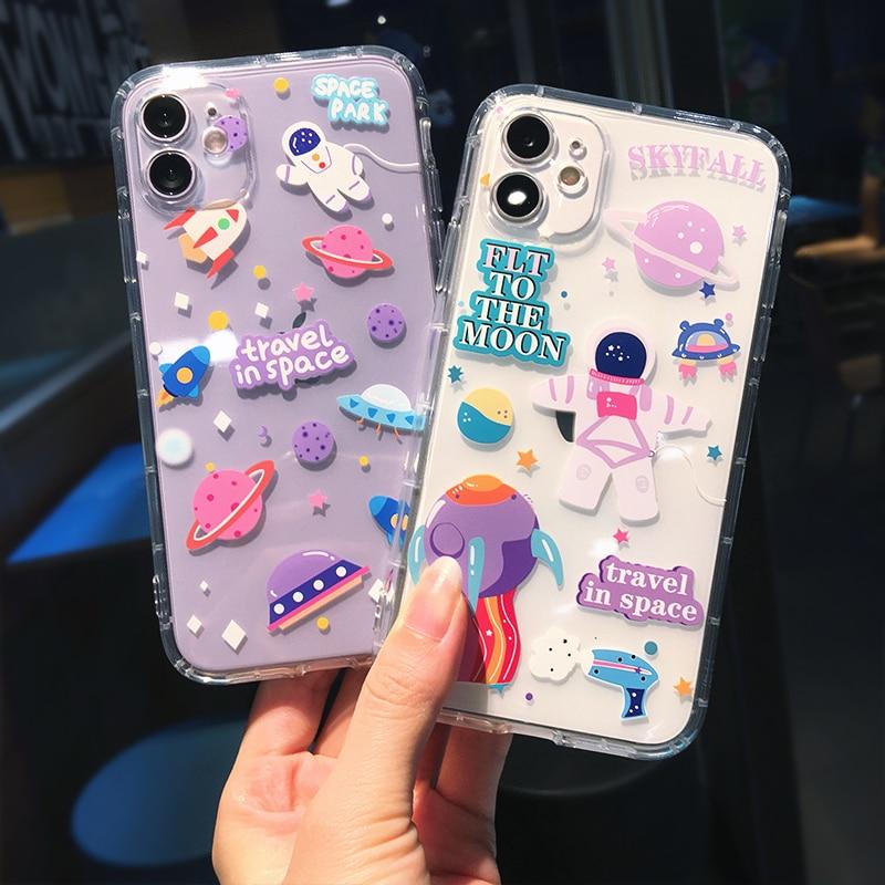 Cartoon Astronaut Planet Transparent iPhone Case Full Body Protective Cover