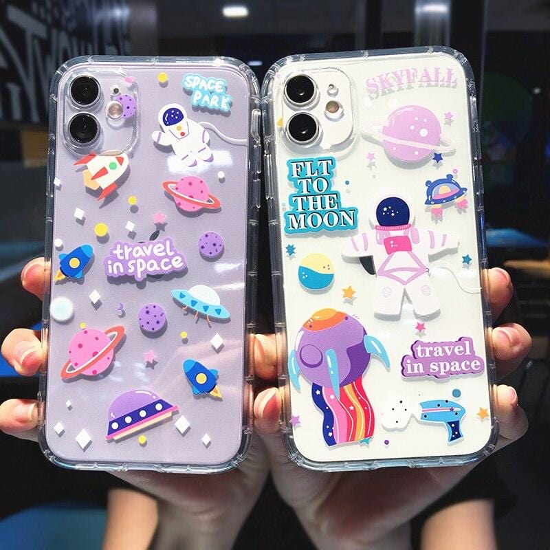 Cartoon Astronaut Planet Transparent iPhone Case Full Body Protective Cover