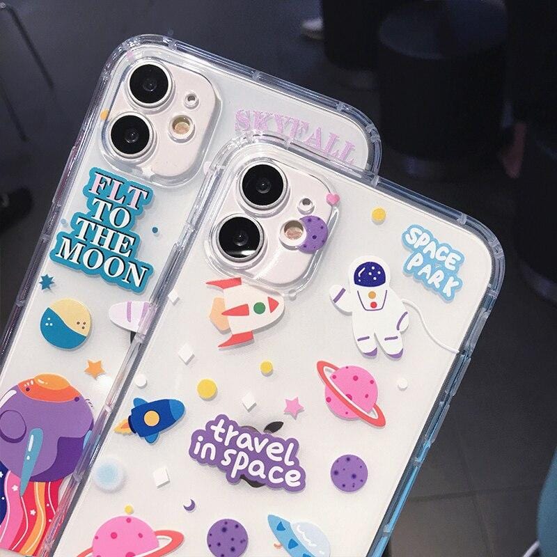 Cartoon Astronaut Planet Transparent iPhone Case Full Body Protective Cover