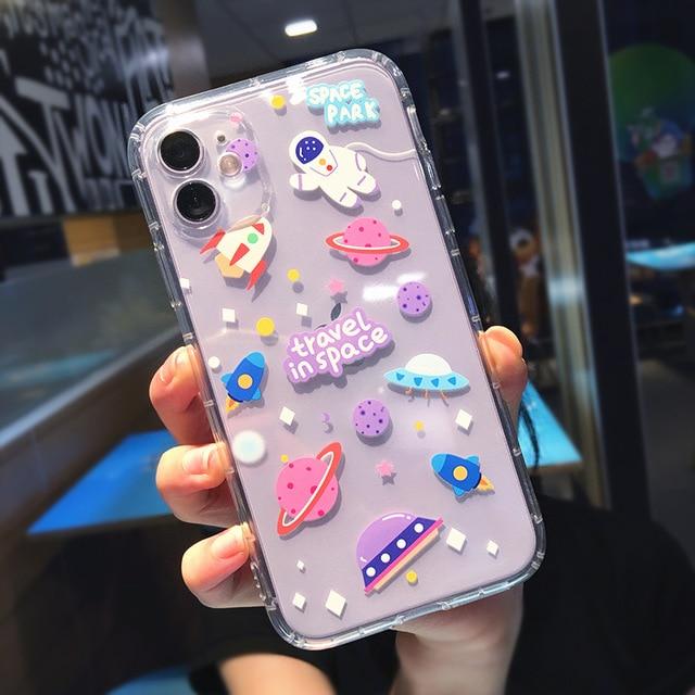 Cartoon Astronaut Planet Transparent iPhone Case Full Body Protective Cover
