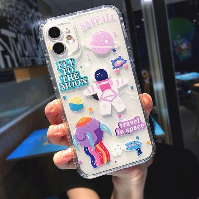 Cartoon Astronaut Planet Transparent iPhone Case Full Body Protective Cover