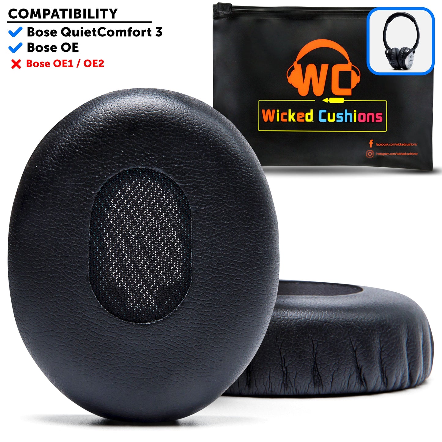 Replacement Ear Pads Black Compatible Bose QC3 Headphones