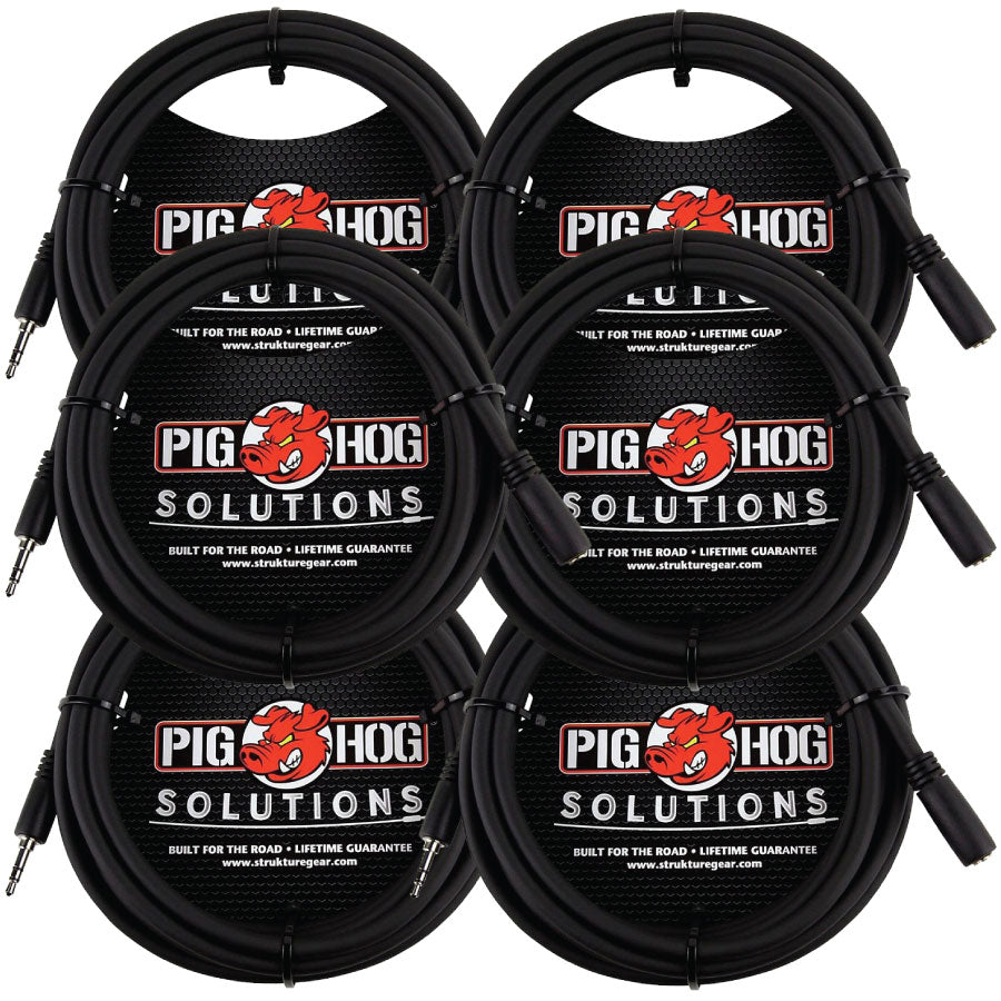 6 Pack Pig Hog Solutions PHX35-10 HeadPhone Extension Cable, 3.5mm 10ft - New