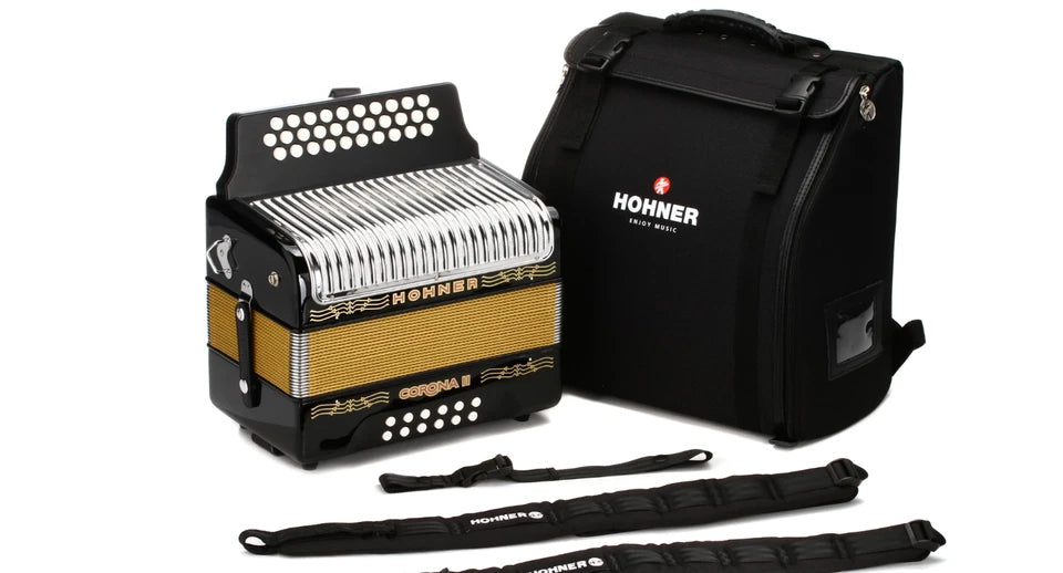 Hohner Corona II Diatonic Accordion Keys of G/C/F Button Accordion Jet Black