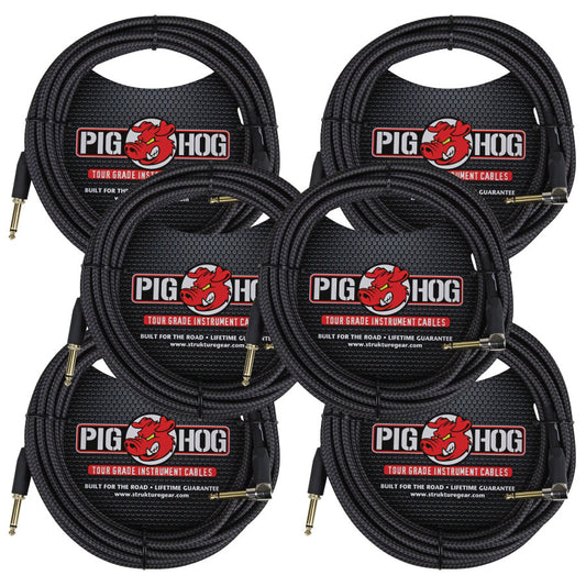 6 Pack Pig Hog PCH20BKR Black Woven ¼” TO ¼” Right Angle Instrument Cable, 20ft