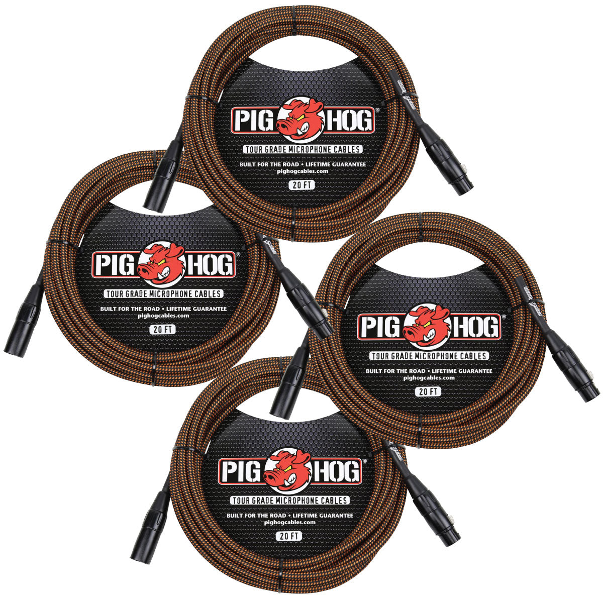 4 PACK Pig Hog PHM20ORG Black & Orange Woven Microphone Cable, 20ft XLR - NEW