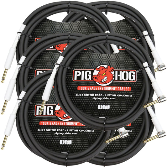 6 Pack Pig Hog PH10R Tour Grade 1/4" TS Straight to Right Angle Instrument Cable - 10'