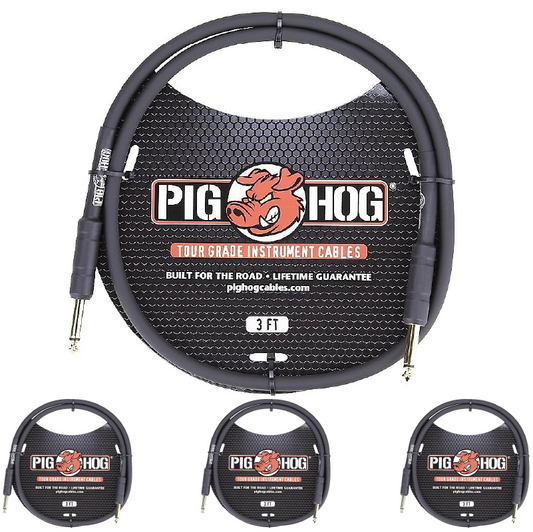 New - Pig Hog PH3 1/4 Straight Instrument Guitar Cord 3 Feet  Patch Cable 8mm Black