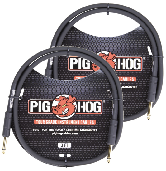 New - 2 Pack Pig Hog PH3 1/4 Straight Instrument Guitar Cord 3 Feet  Patch Cable 8mm Black