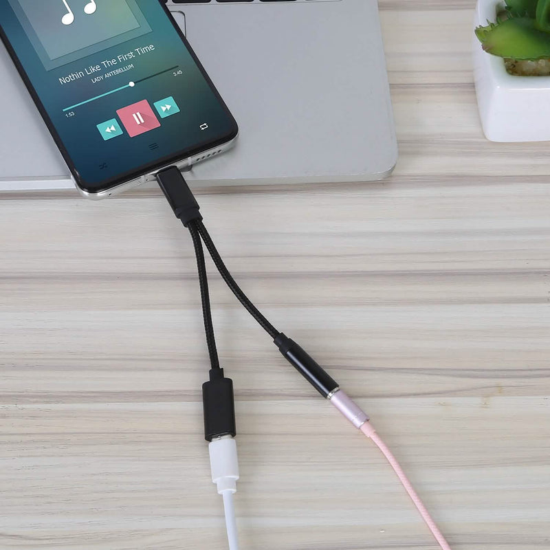 USB Type-C Braided Headphone Jack Splitter Cable USB Type-C to 3.5mm Aux Audio Charging Adapter