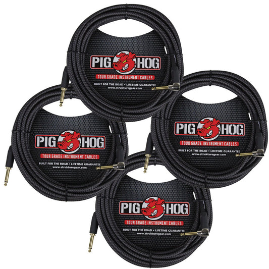 4 Pack Pig Hog PCH20BKR Black Woven ¼” TO ¼” Right Angle Instrument Cable, 20ft