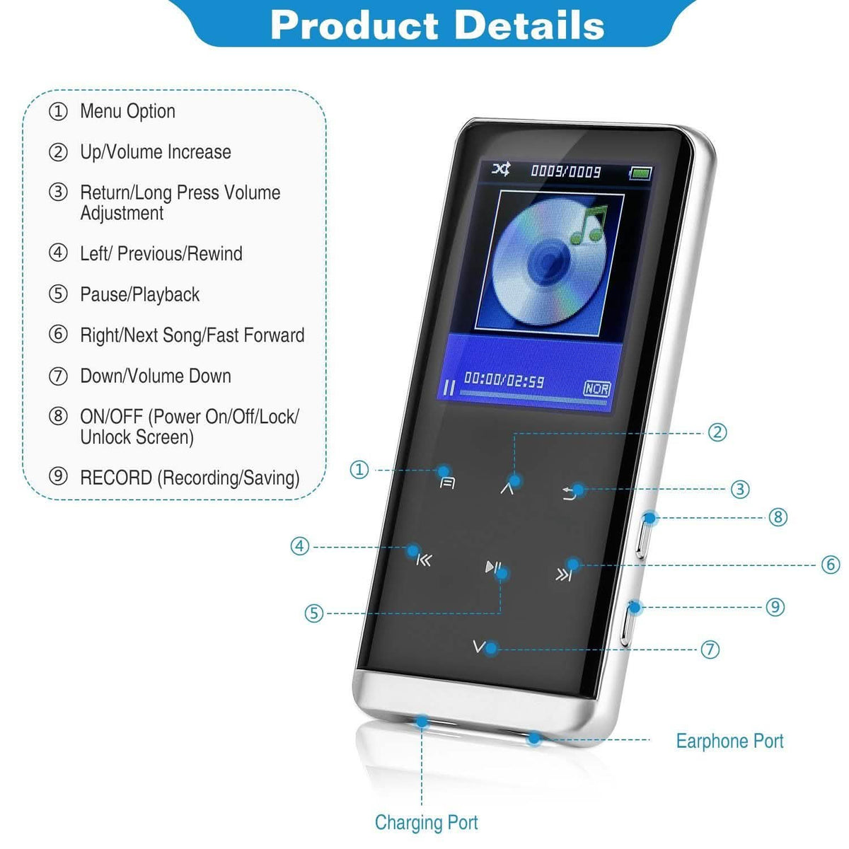 Wireless 32G Digital Music HiFi MP3 Player with Voice Recorder