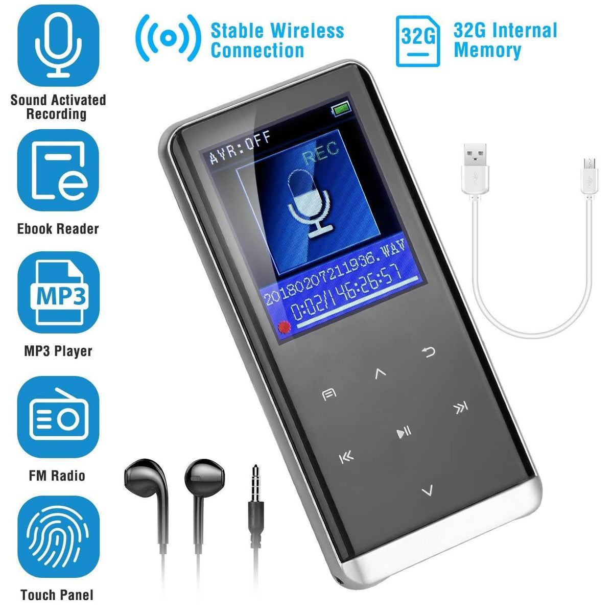 Wireless 32G Digital Music HiFi MP3 Player with Voice Recorder