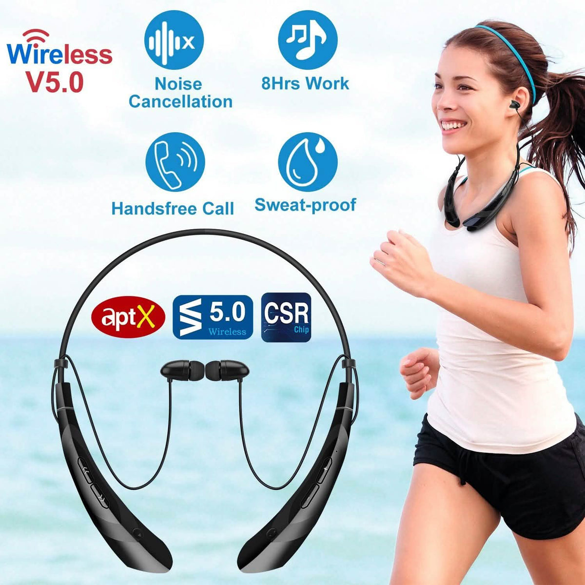 Wireless V5.0 Sweat-proof Neckband Headphones Sport Headsets