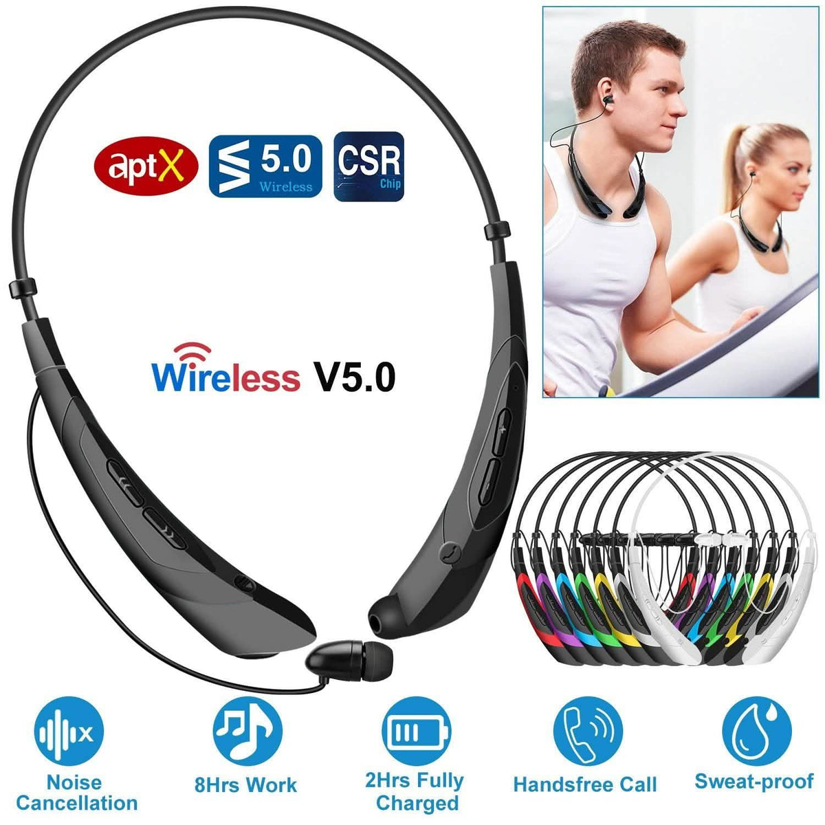 Wireless V5.0 Sweat-proof Neckband Headphones Sport Headsets