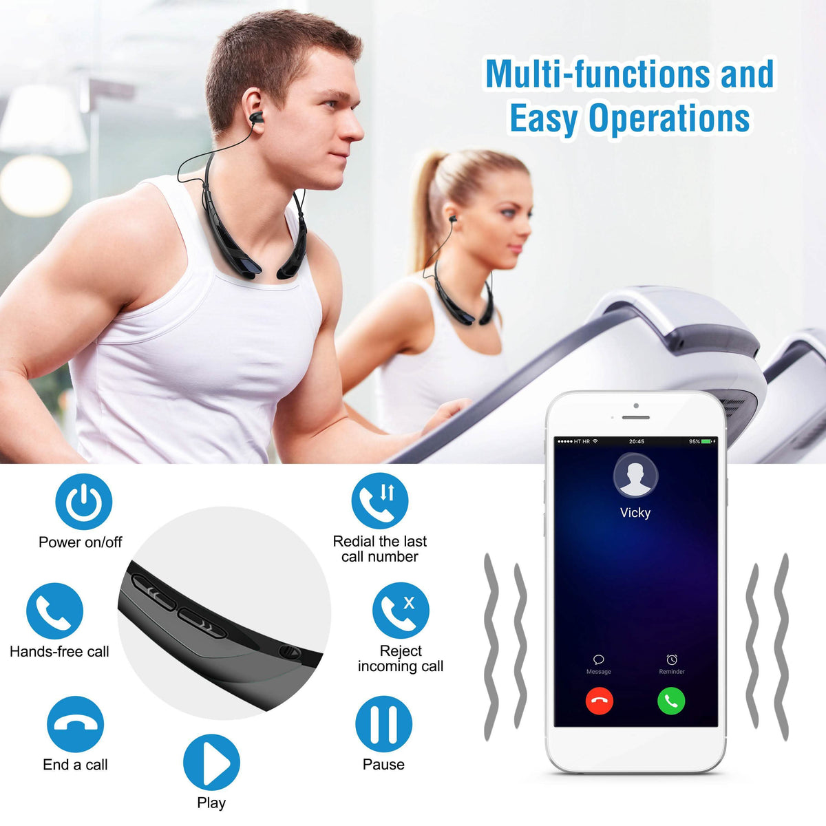 Wireless V5.0 Sweat-proof Neckband Headphones Sport Headsets