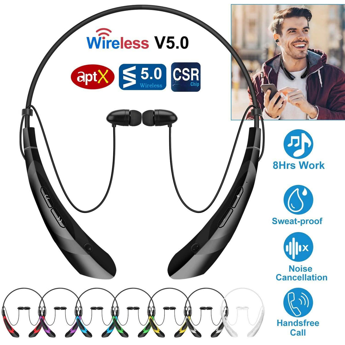 Wireless V5.0 Sweat-proof Neckband Headphones Sport Headsets