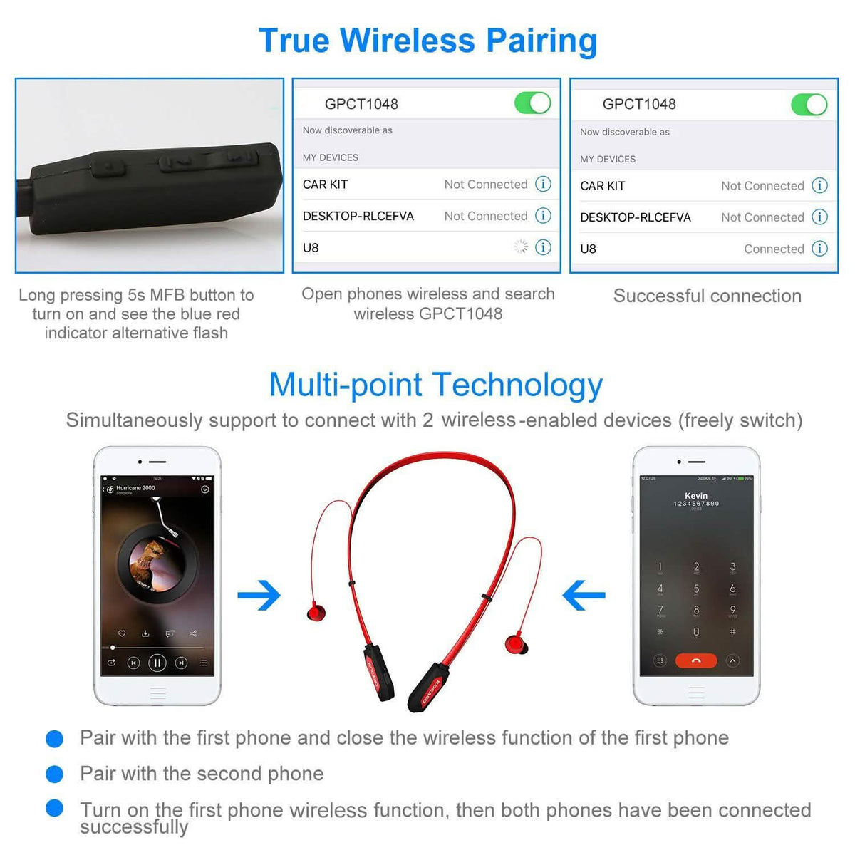 Wireless Neckband V4.2 Bluetooth Headphones with Noise-Canceling Microphone
