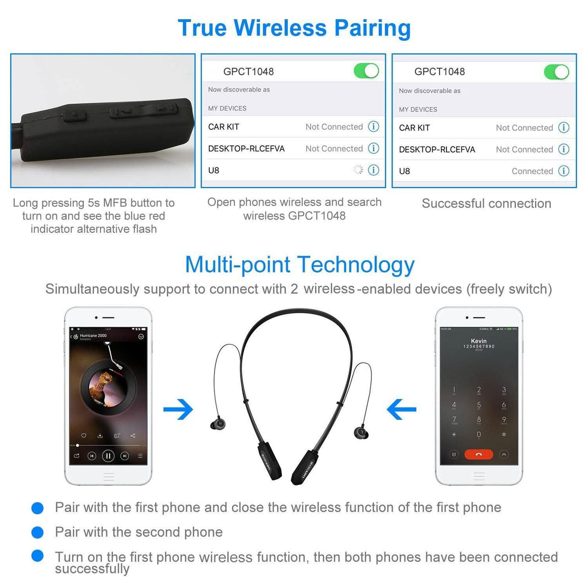 Wireless Neckband V4.2 Bluetooth Headphones with Noise-Canceling Microphone