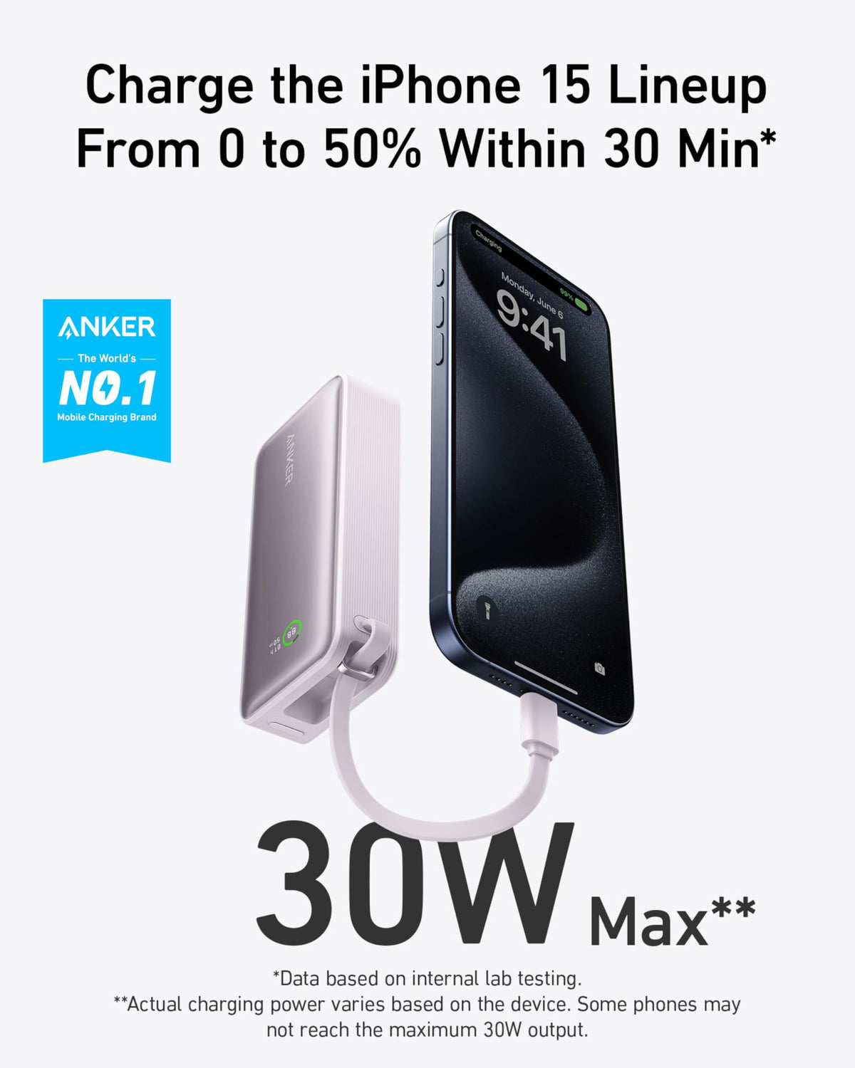 Anker Nano 30W Power Bank with Built-In USB-C Cable
