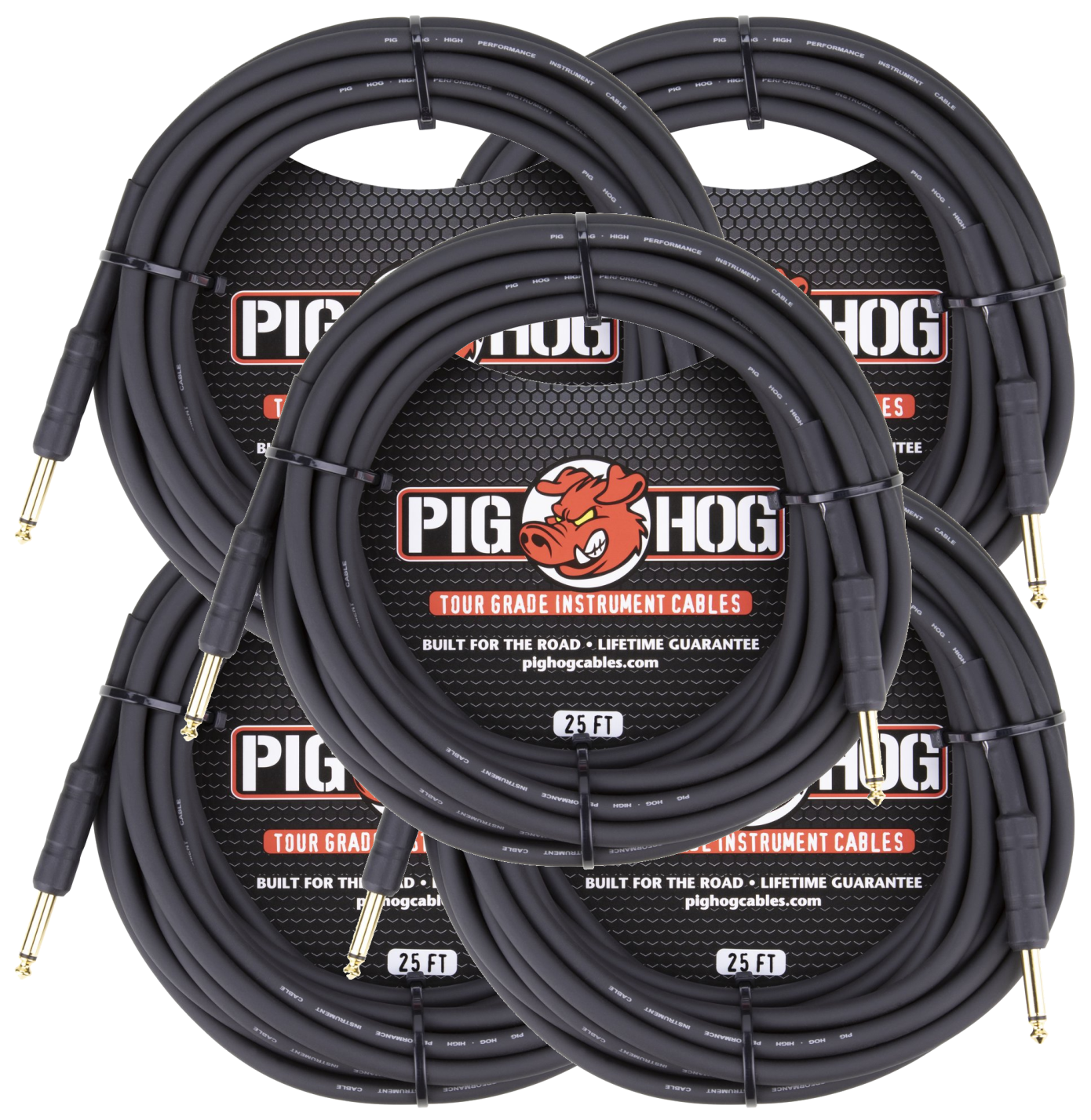 5 Pack Pig Hog Black 25ft 1/4" Guitar Instrument Cable Mono Patch Cord PH25 - NEW