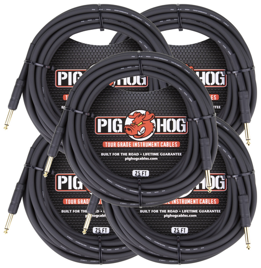 5 Pack Pig Hog Black 25ft 1/4" Guitar Instrument Cable Mono Patch Cord PH25 - NEW