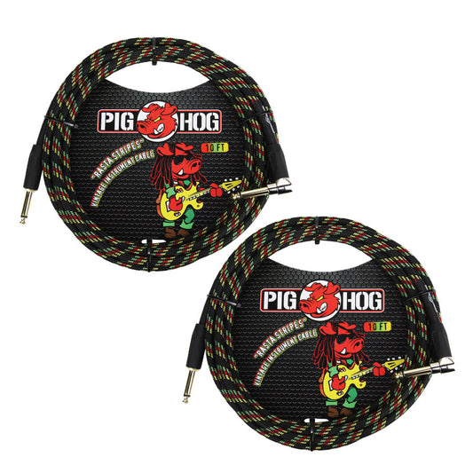 2 - Pack Pig Hog PCH10RAR 1/4" Straight to 1/4" Right-Angle Rasta Instrument Cable 10FT - NEW