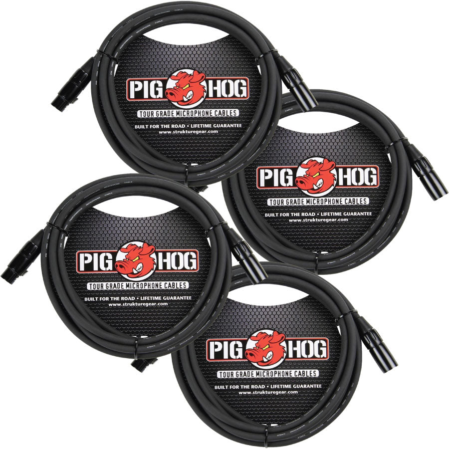 4 Pack Pig Hog PHM15 Tour Grade XLR Male to Female Mic Cable - 15'