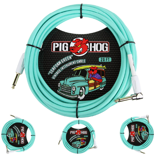 Pig Hog PCH20SGR 1/4' Straight to 1/4' Right-Angle Seafoam Green Instrument Cable, 20 feet