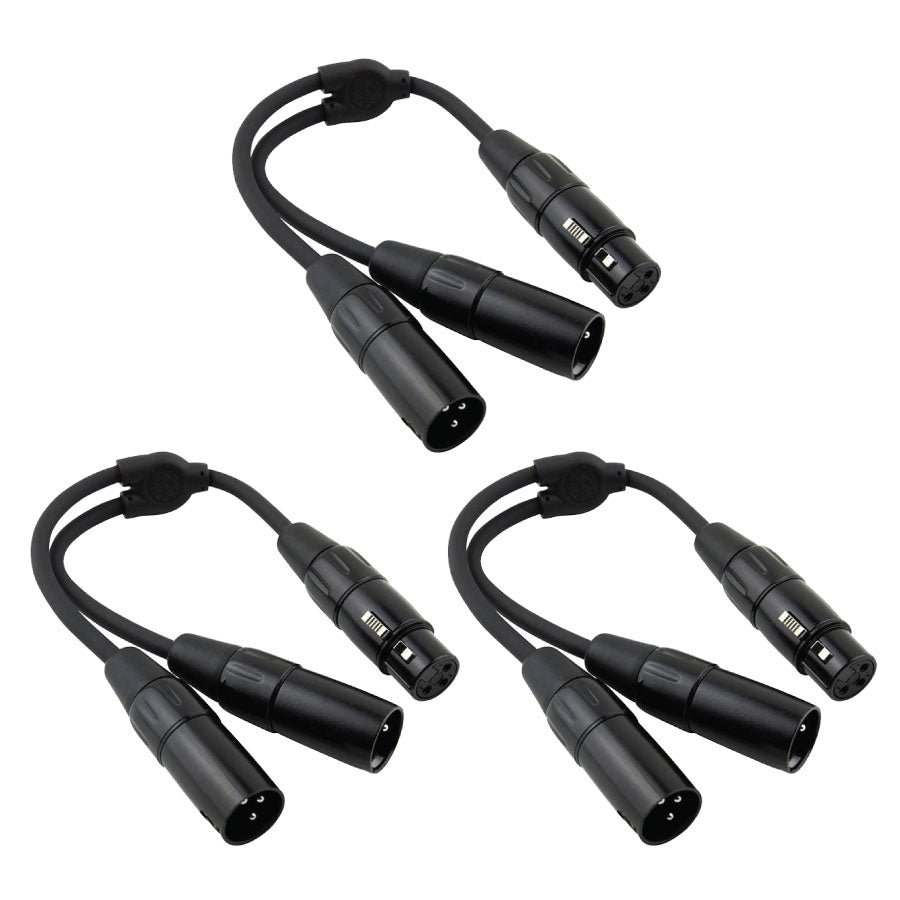 3 Pack Pig Hog Solutions PY-XF2XM - 6" Y Splitter Cable, XLR(F)-DUAL XLR(M) - New