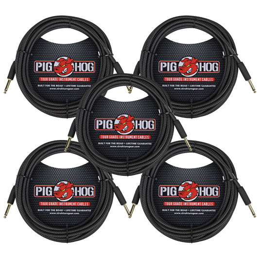 5 Pack Pig Hog PCH20BK Woven Black Vintage Series Instrument Cable, 20 Ft - New