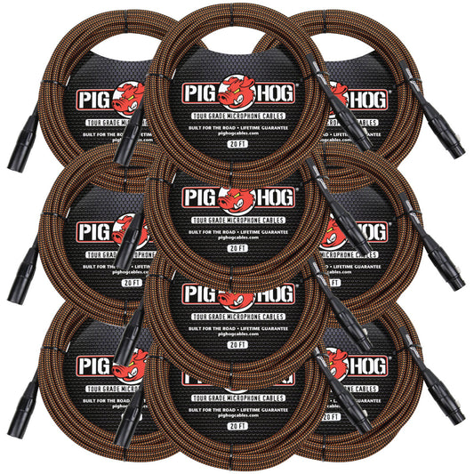 10 PACK Pig Hog PHM20ORG Black & Orange Woven Microphone Cable, 20ft XLR - NEW
