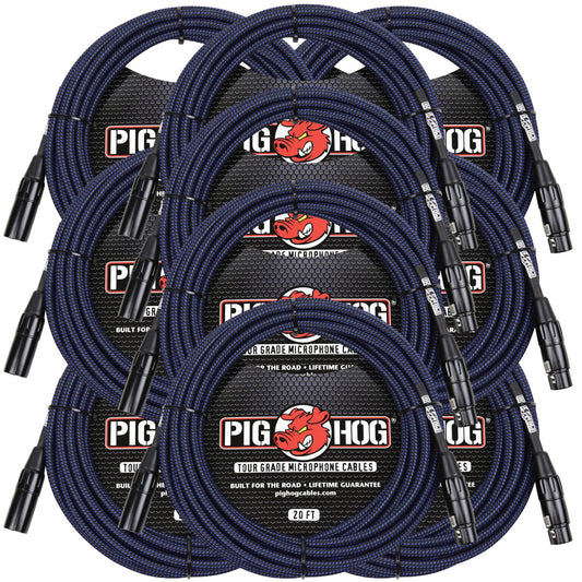 10 Pack Pig Hog Black & Blue High Performance Woven XLR Microphone 20ft Cable PHM20BBL