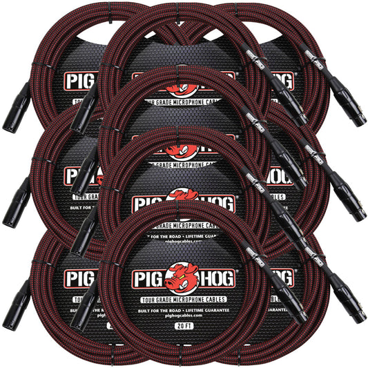 10 Pack Pig Hog Black & Red High Performance Woven XLR 20 ft Microphone Cable PHM20BRD