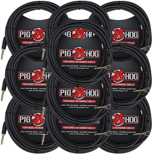 10 Pack Pig Hog PCH20BKR Black Woven ¼” TO ¼” Right Angle Instrument Cable, 20ft